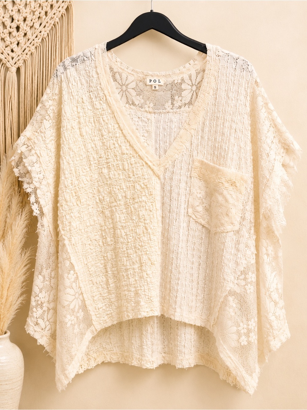 POL Oversized Cream Lace Boho Top Textured Tunic Pocket Small Fits Up To XL